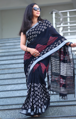 🖤 Black Linen-Cotton Saree with Ajrakh-Inspired Prints ❤️